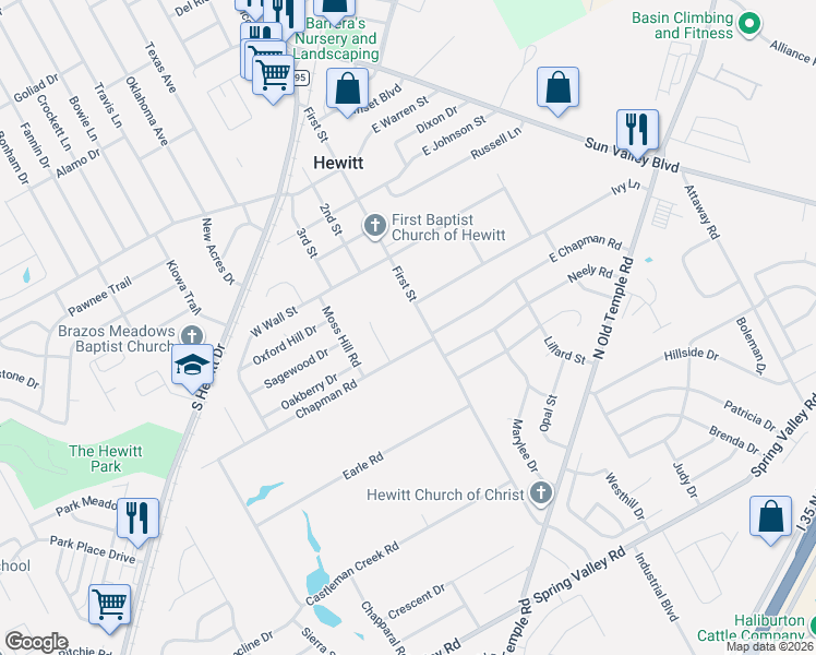 map of restaurants, bars, coffee shops, grocery stores, and more near 521 First Street in Hewitt