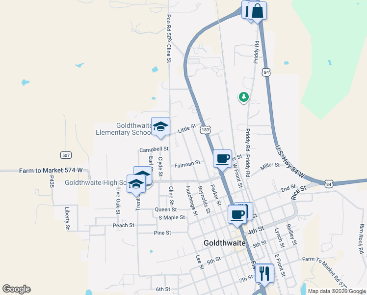 map of restaurants, bars, coffee shops, grocery stores, and more near 1607 Reynolds Street in Goldthwaite