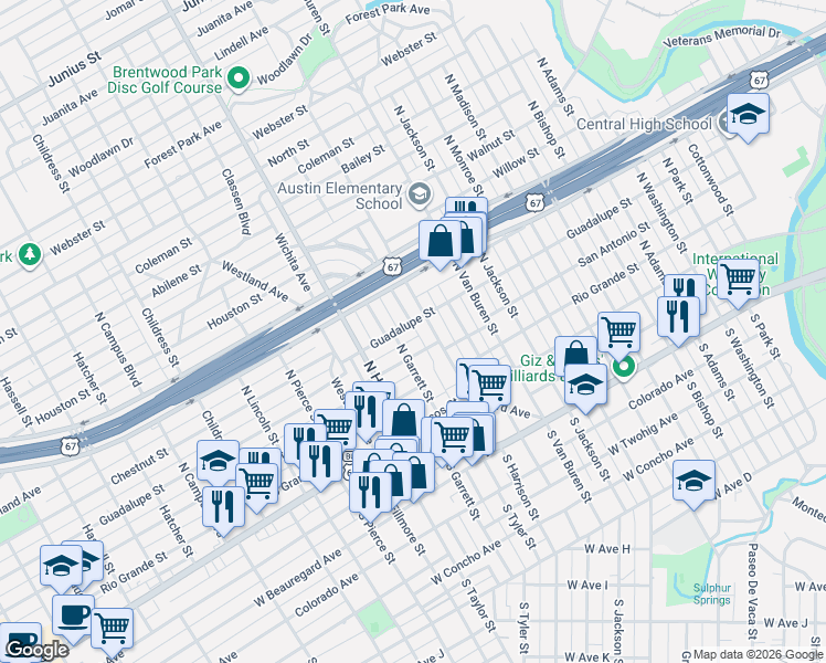 map of restaurants, bars, coffee shops, grocery stores, and more near 1920 San Antonio Street in San Angelo