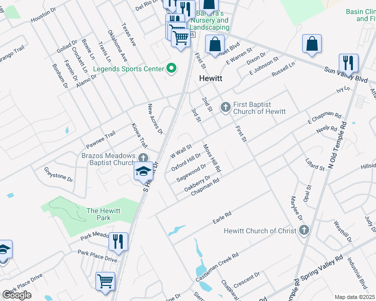 map of restaurants, bars, coffee shops, grocery stores, and more near 428 Oxford Hill Drive in Hewitt