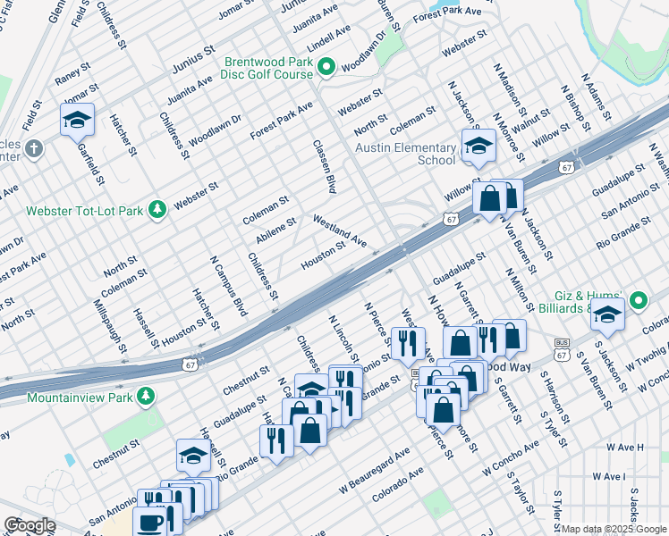 map of restaurants, bars, coffee shops, grocery stores, and more near 2315 Freeland Avenue in San Angelo