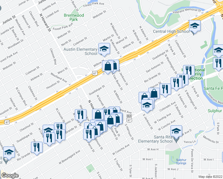 map of restaurants, bars, coffee shops, grocery stores, and more near 309 North Milton Street in San Angelo