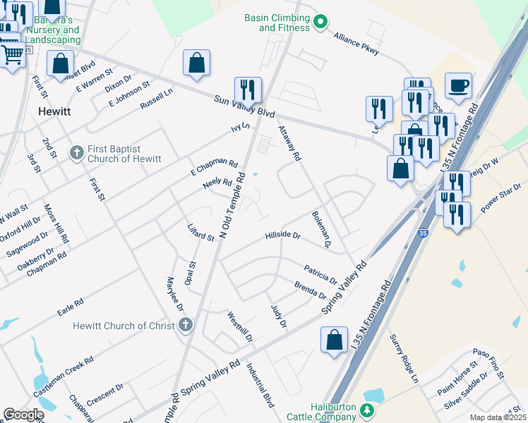 map of restaurants, bars, coffee shops, grocery stores, and more near 213 West Gruver Circle in Hewitt