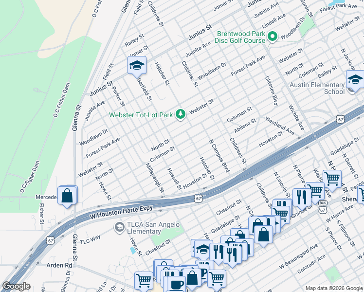 map of restaurants, bars, coffee shops, grocery stores, and more near 2800 Abilene Street in San Angelo