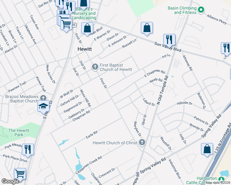 map of restaurants, bars, coffee shops, grocery stores, and more near 108 Neely Road in Hewitt