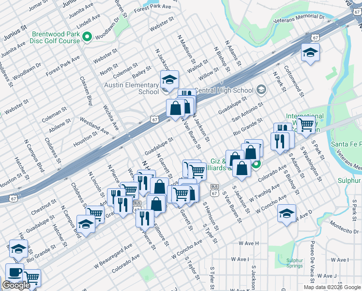 map of restaurants, bars, coffee shops, grocery stores, and more near 218 North Harrison Street in San Angelo