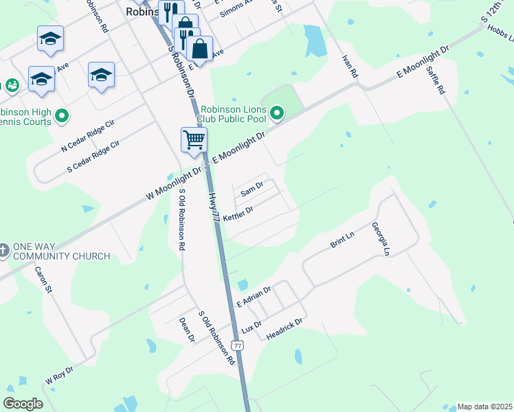 map of restaurants, bars, coffee shops, grocery stores, and more near 209 Sam Drive in Robinson