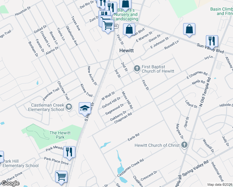 map of restaurants, bars, coffee shops, grocery stores, and more near 402 West Wall Street in Hewitt