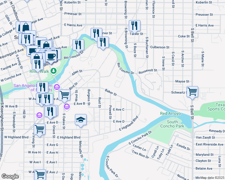 map of restaurants, bars, coffee shops, grocery stores, and more near 544 Baker Street in San Angelo