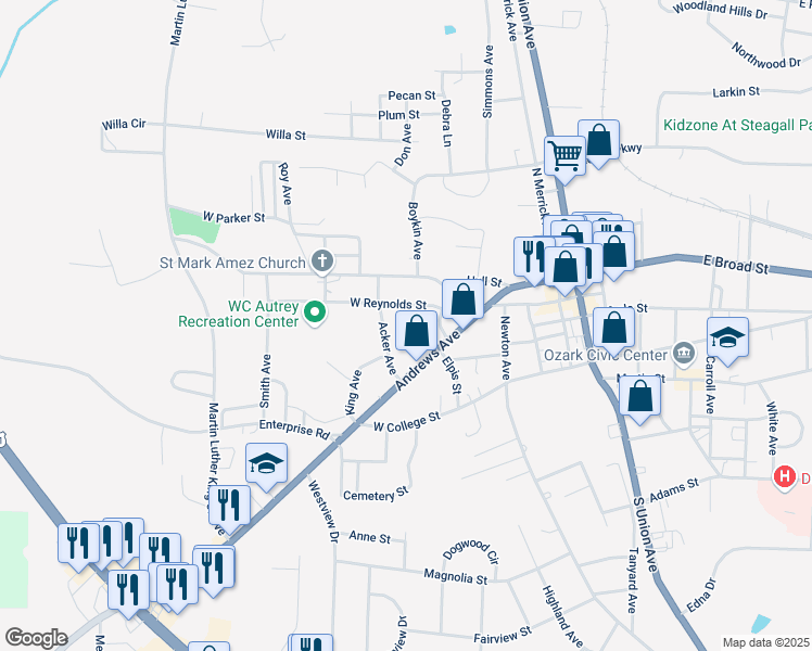 map of restaurants, bars, coffee shops, grocery stores, and more near 515 West Reynolds Street in Ozark