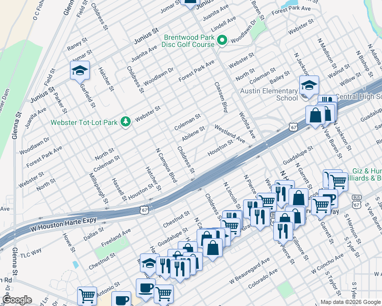 map of restaurants, bars, coffee shops, grocery stores, and more near 2416 Waco Street in San Angelo