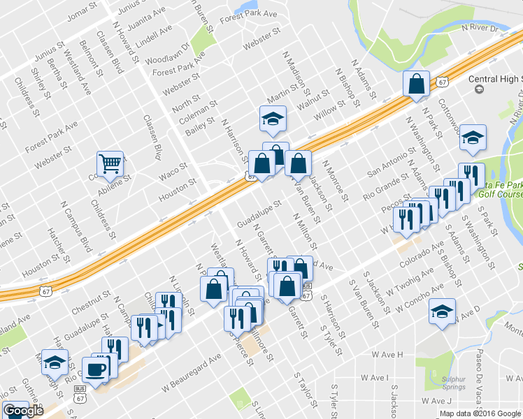 map of restaurants, bars, coffee shops, grocery stores, and more near 414 Angelo Blvd in San Angelo