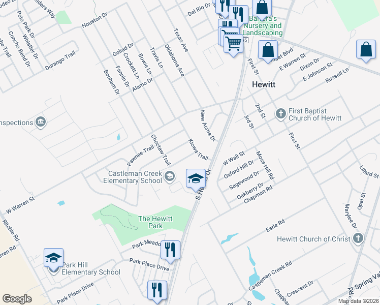 map of restaurants, bars, coffee shops, grocery stores, and more near 212 Kiowa Trail in Hewitt