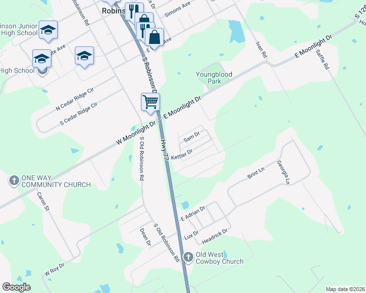 map of restaurants, bars, coffee shops, grocery stores, and more near 209 Sam Drive in Robinson