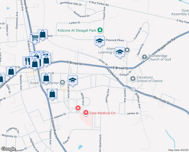 map of restaurants, bars, coffee shops, grocery stores, and more near 657 Eufaula Street in Ozark