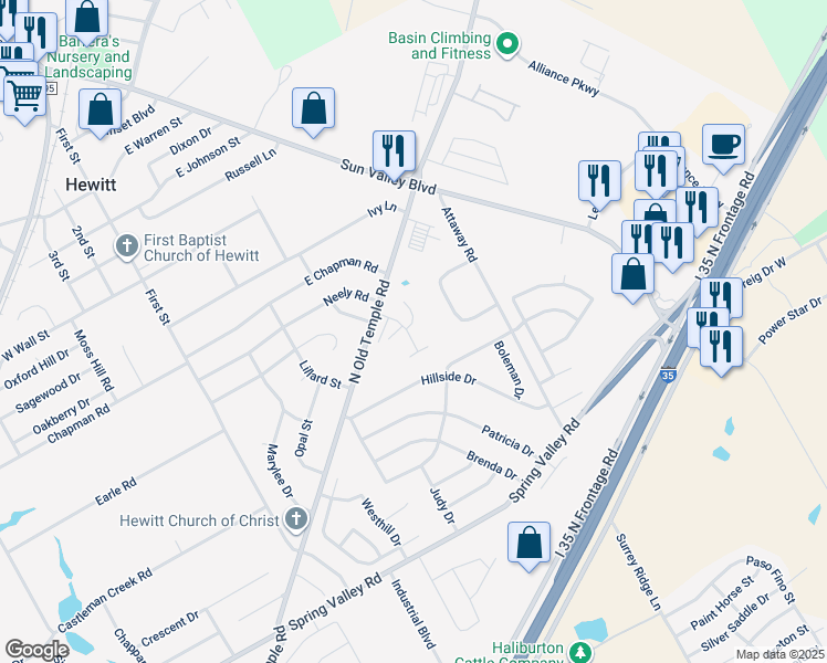 map of restaurants, bars, coffee shops, grocery stores, and more near 100 El Dorado Drive in Hewitt