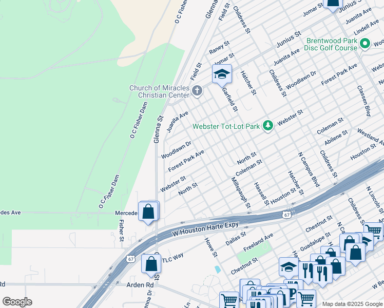 map of restaurants, bars, coffee shops, grocery stores, and more near 3108 Forest Park Avenue in San Angelo