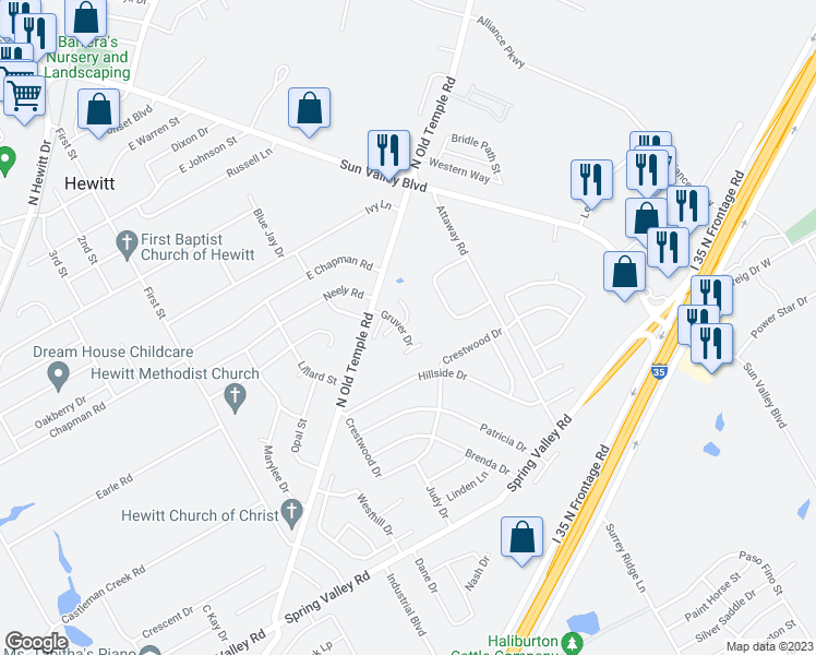 map of restaurants, bars, coffee shops, grocery stores, and more near 101 El Dorado Drive in Hewitt