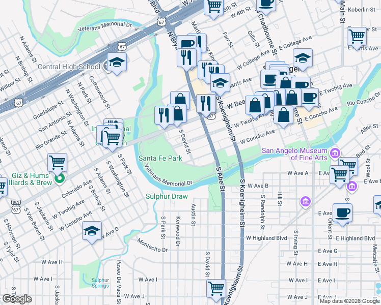map of restaurants, bars, coffee shops, grocery stores, and more near 220 South David Street in San Angelo