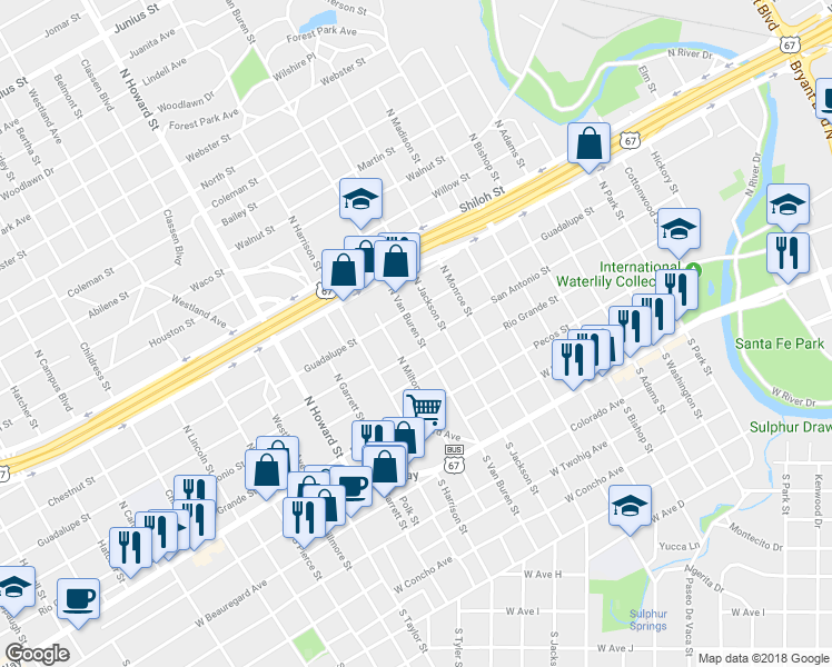 map of restaurants, bars, coffee shops, grocery stores, and more near 311 North Van Buren Street in San Angelo
