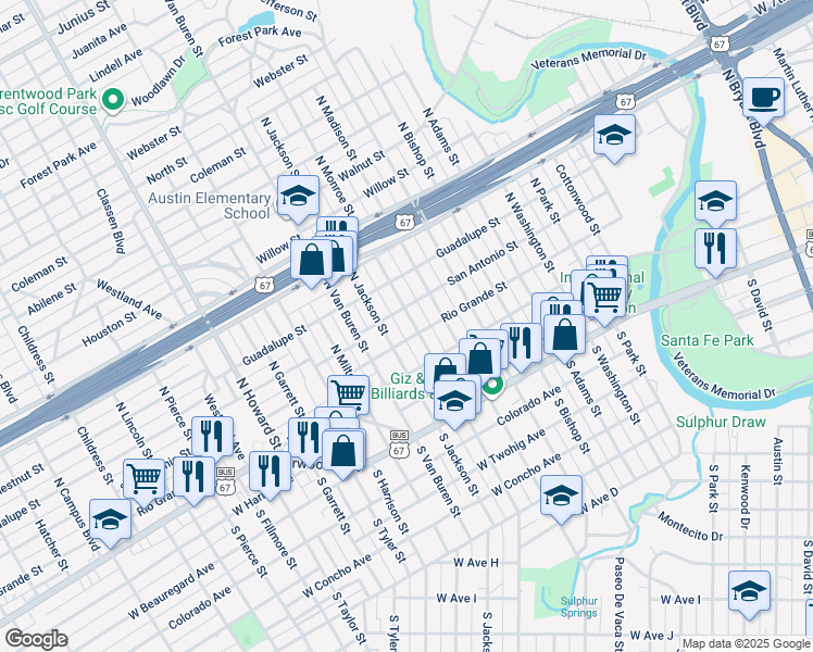 map of restaurants, bars, coffee shops, grocery stores, and more near 215 North Monroe Street in San Angelo