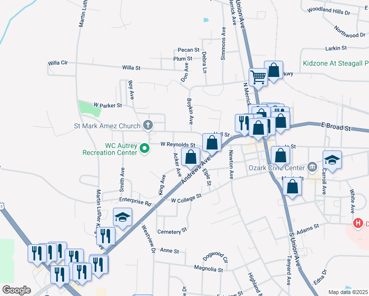 map of restaurants, bars, coffee shops, grocery stores, and more near 515 West Reynolds Street in Ozark