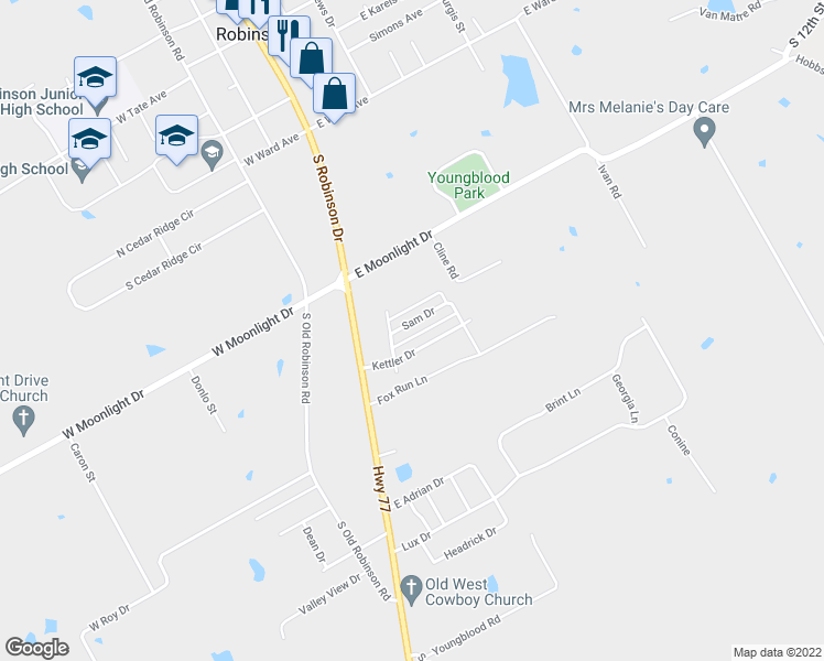 map of restaurants, bars, coffee shops, grocery stores, and more near 209 Sam Drive in Robinson
