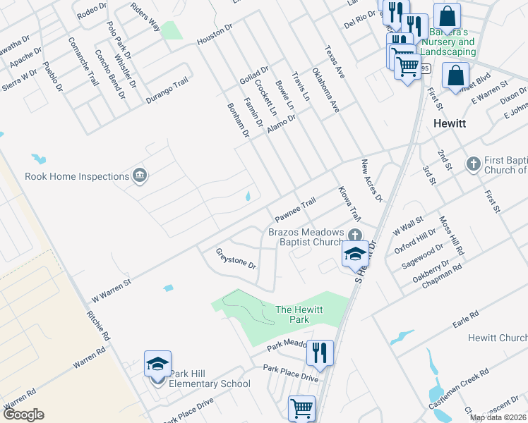 map of restaurants, bars, coffee shops, grocery stores, and more near 100 Ute Tr in Hewitt