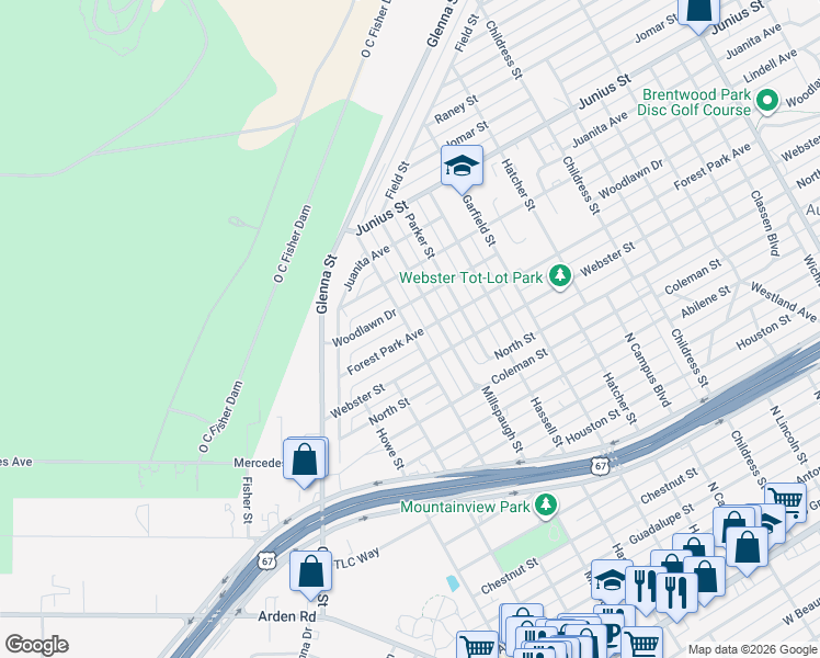 map of restaurants, bars, coffee shops, grocery stores, and more near 1406 Guthrie Street in San Angelo