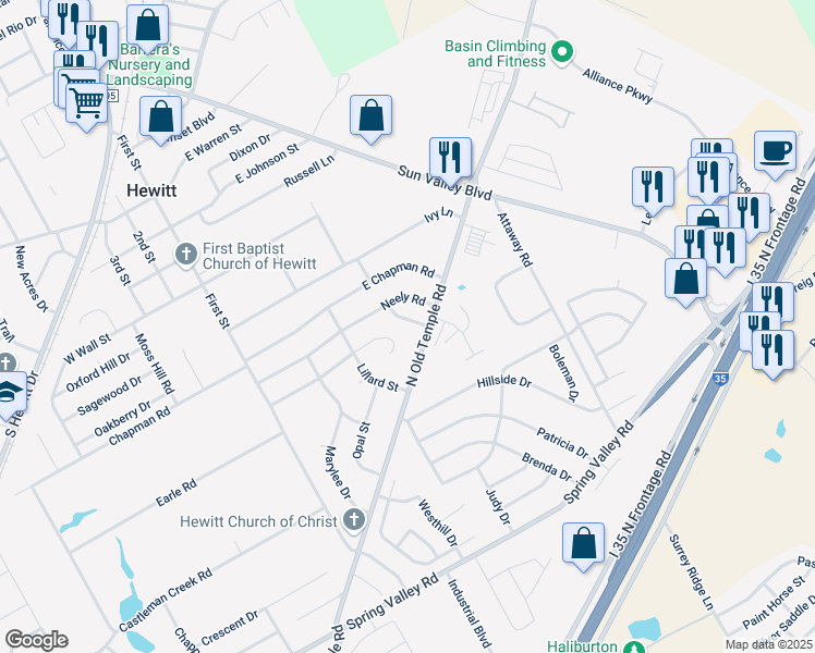 map of restaurants, bars, coffee shops, grocery stores, and more near 311 Ruth Drive in Hewitt