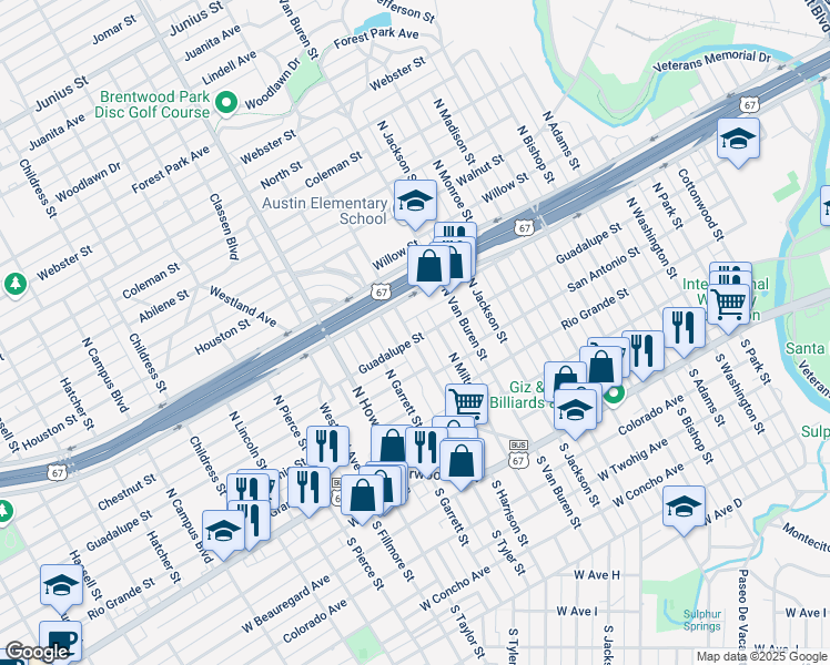map of restaurants, bars, coffee shops, grocery stores, and more near 1880 Guadalupe Street in San Angelo