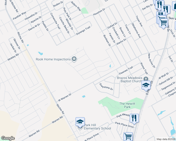 map of restaurants, bars, coffee shops, grocery stores, and more near 10117 Wildberry Lane in Waco