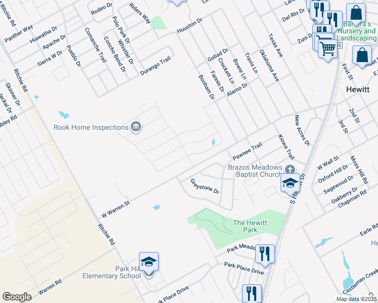 map of restaurants, bars, coffee shops, grocery stores, and more near 10336 Creekside Lane in Waco