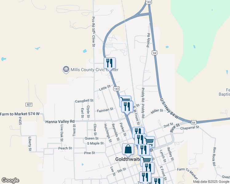 map of restaurants, bars, coffee shops, grocery stores, and more near 1703 Fisher Street in Goldthwaite