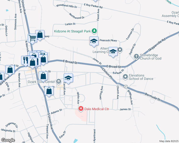 map of restaurants, bars, coffee shops, grocery stores, and more near 657 Eufaula Street in Ozark