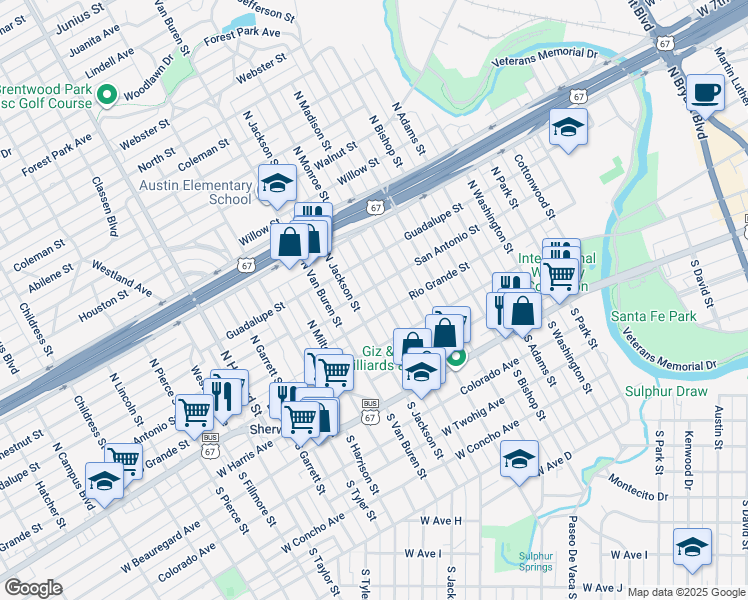 map of restaurants, bars, coffee shops, grocery stores, and more near 215 North Monroe Street in San Angelo
