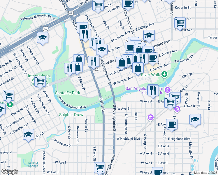 map of restaurants, bars, coffee shops, grocery stores, and more near 305 West Concho Avenue in San Angelo