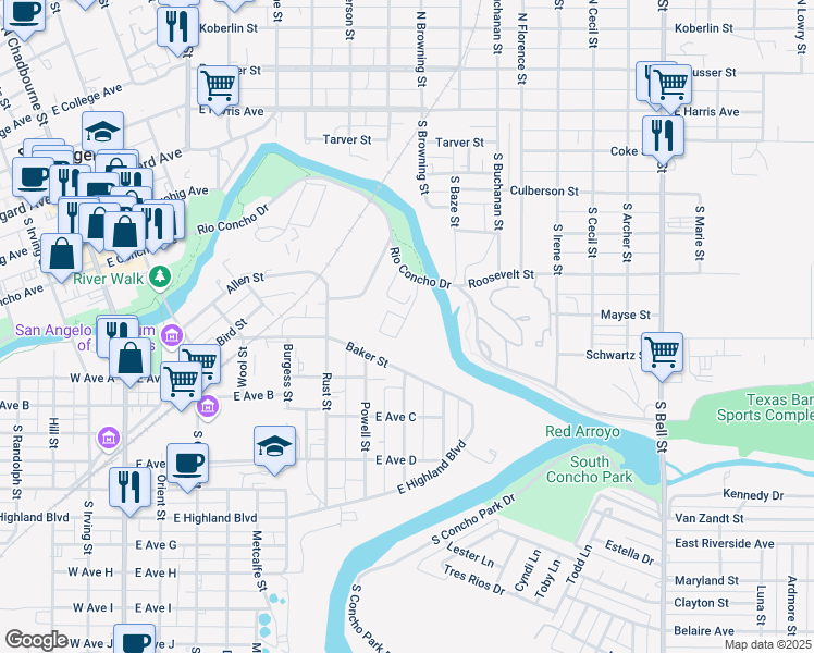 map of restaurants, bars, coffee shops, grocery stores, and more near 544 Baker Street in San Angelo