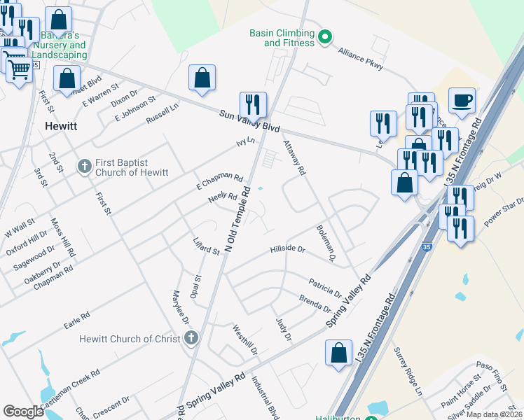 map of restaurants, bars, coffee shops, grocery stores, and more near 100 El Dorado Drive in Hewitt