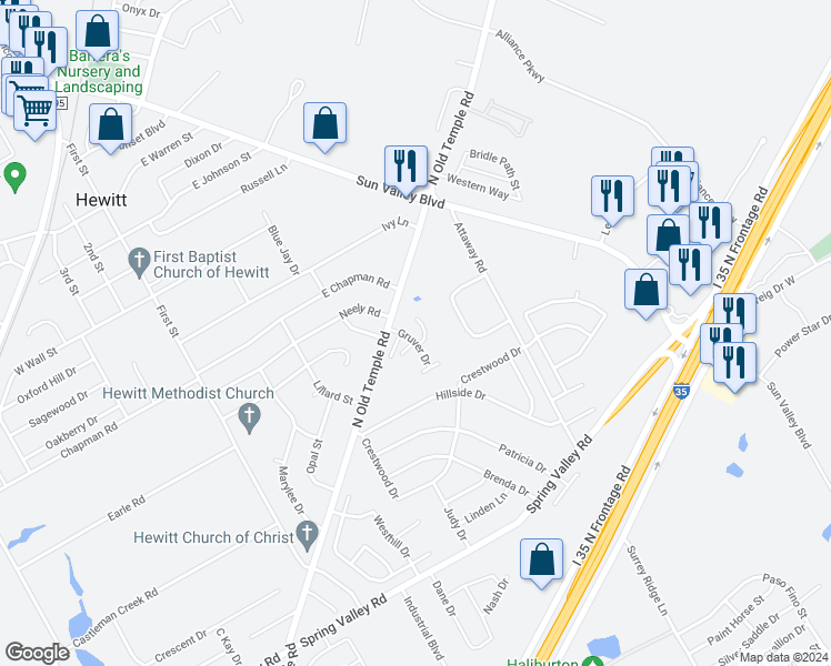 map of restaurants, bars, coffee shops, grocery stores, and more near 100 El Dorado Drive in Hewitt