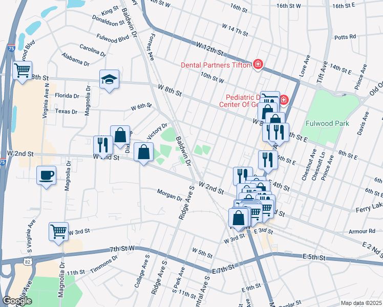 map of restaurants, bars, coffee shops, grocery stores, and more near West 4th Street in Tifton