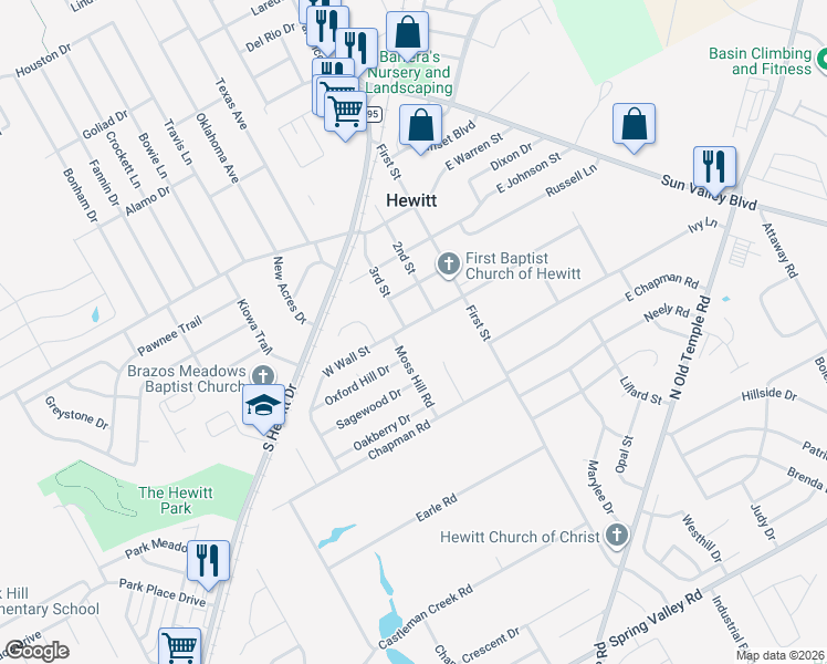map of restaurants, bars, coffee shops, grocery stores, and more near 249 West Wall Street in Hewitt