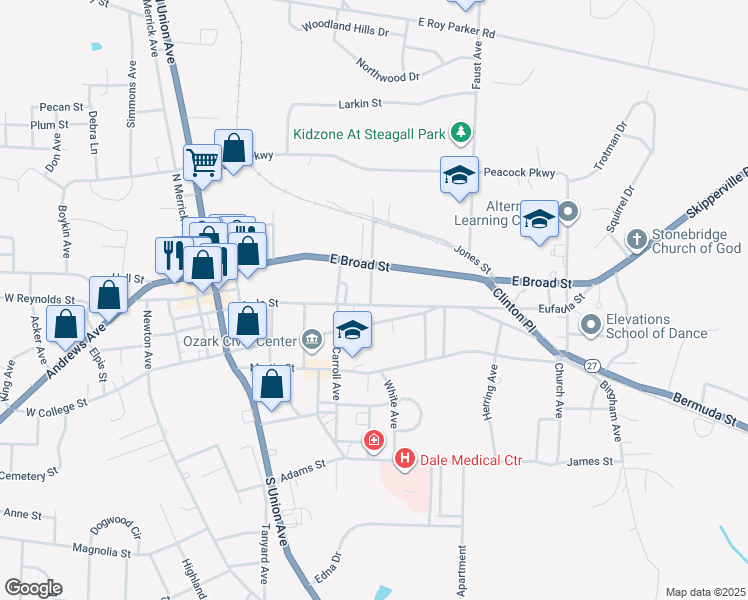 map of restaurants, bars, coffee shops, grocery stores, and more near 489 Eufaula Street in Ozark
