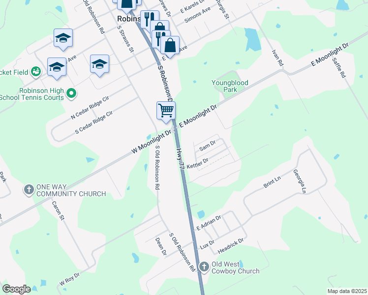 map of restaurants, bars, coffee shops, grocery stores, and more near 1000 South Robinson Drive in Robinson