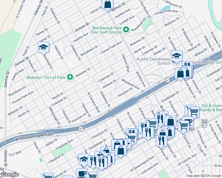 map of restaurants, bars, coffee shops, grocery stores, and more near 2416 Waco Street in San Angelo