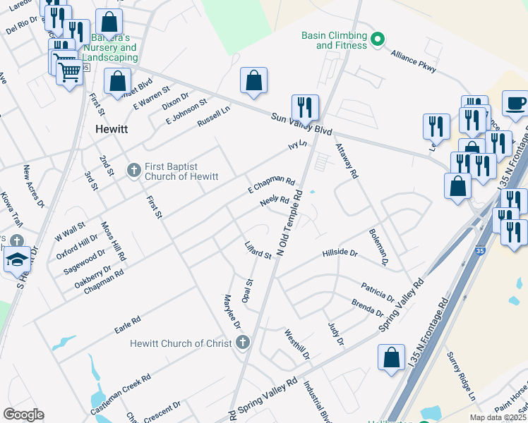 map of restaurants, bars, coffee shops, grocery stores, and more near 311 Ruth Drive in Hewitt