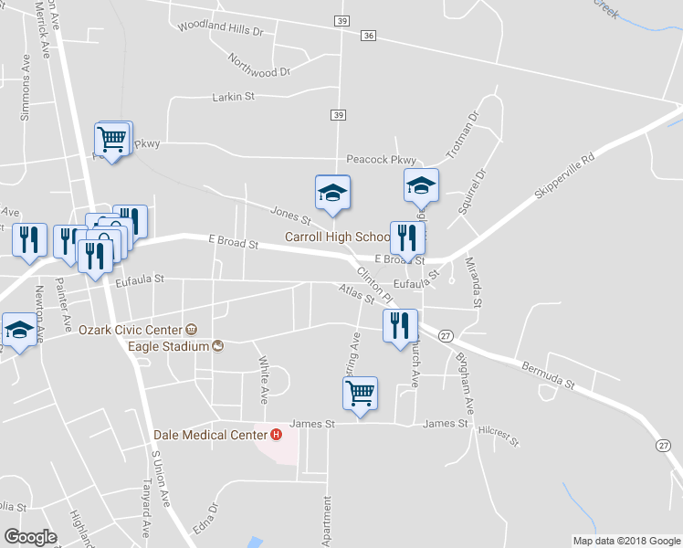 map of restaurants, bars, coffee shops, grocery stores, and more near 761 Eufaula Street in Ozark