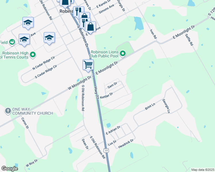 map of restaurants, bars, coffee shops, grocery stores, and more near 209 Sam Drive in Robinson