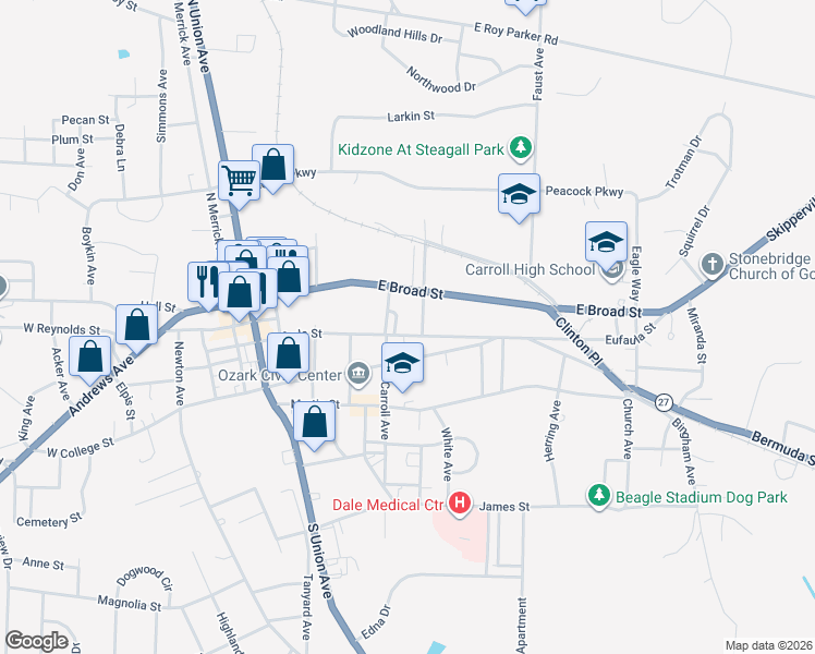 map of restaurants, bars, coffee shops, grocery stores, and more near 489 Eufaula Street in Ozark