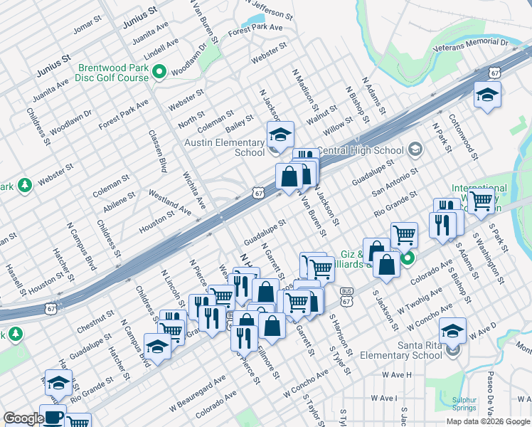 map of restaurants, bars, coffee shops, grocery stores, and more near 414 Angelo Boulevard in San Angelo